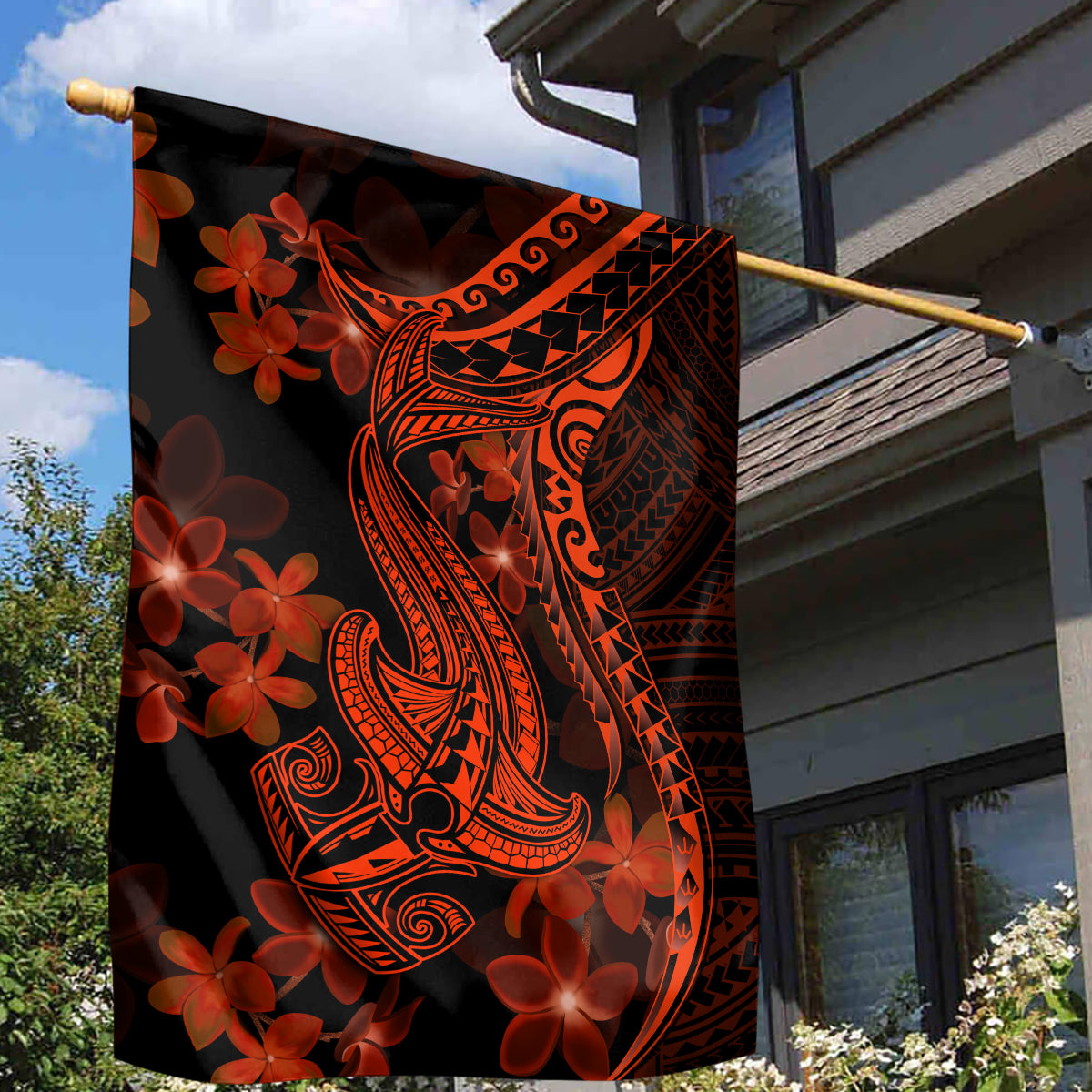 Red Polynesia Garden Flag Shark Tattoo With Polynesian Plumeria LT14 - Polynesian Pride