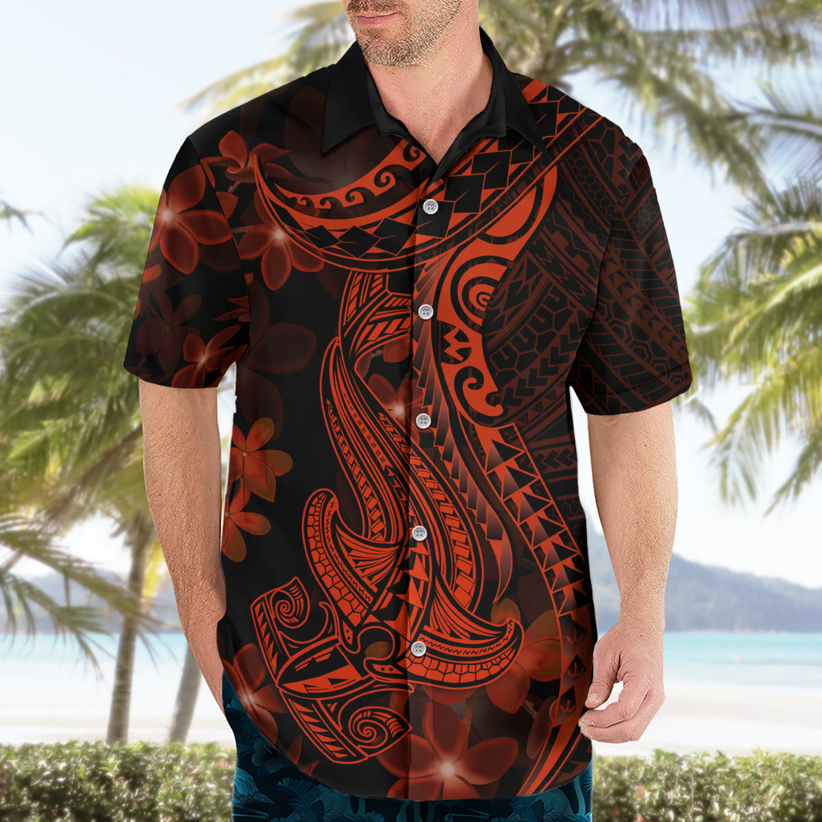 Red Polynesia Hawaiian Shirt Shark Tattoo With Polynesian Plumeria LT14 - Polynesian Pride