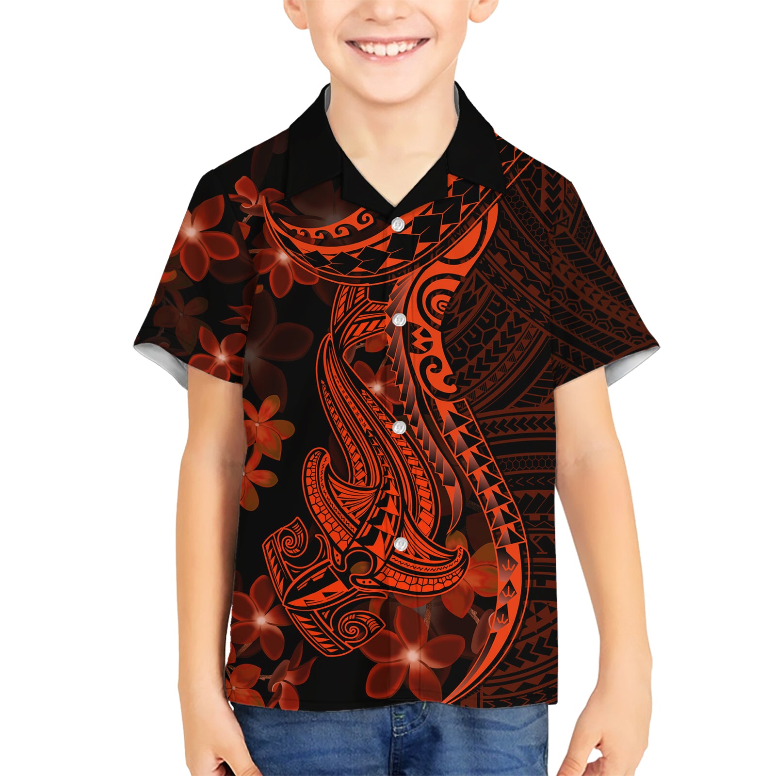 Red Polynesia Kid Hawaiian Shirt Shark Tattoo With Polynesian Plumeria LT14 Kid Red - Polynesian Pride