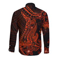Red Polynesia Long Sleeve Button Shirt Shark Tattoo With Polynesian Plumeria LT14 - Polynesian Pride