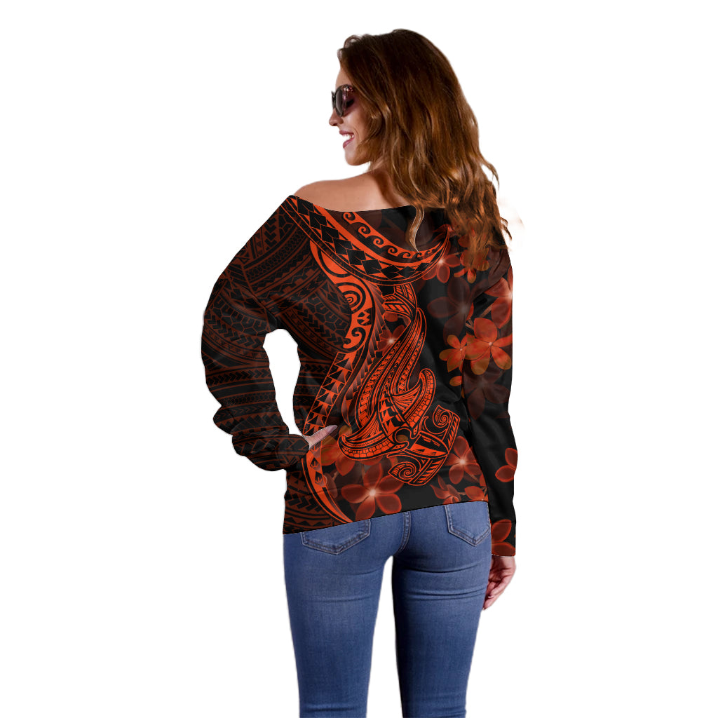 Red Polynesia Off Shoulder Sweater Shark Tattoo With Polynesian Plumeria LT14 - Polynesian Pride