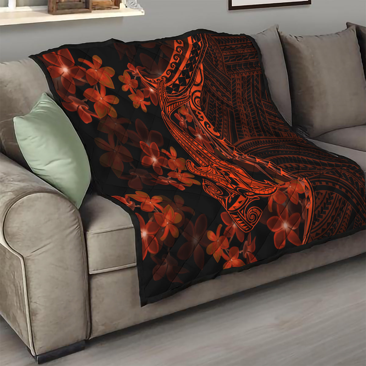 Red Polynesia Quilt Shark Tattoo With Polynesian Plumeria LT14 - Polynesian Pride