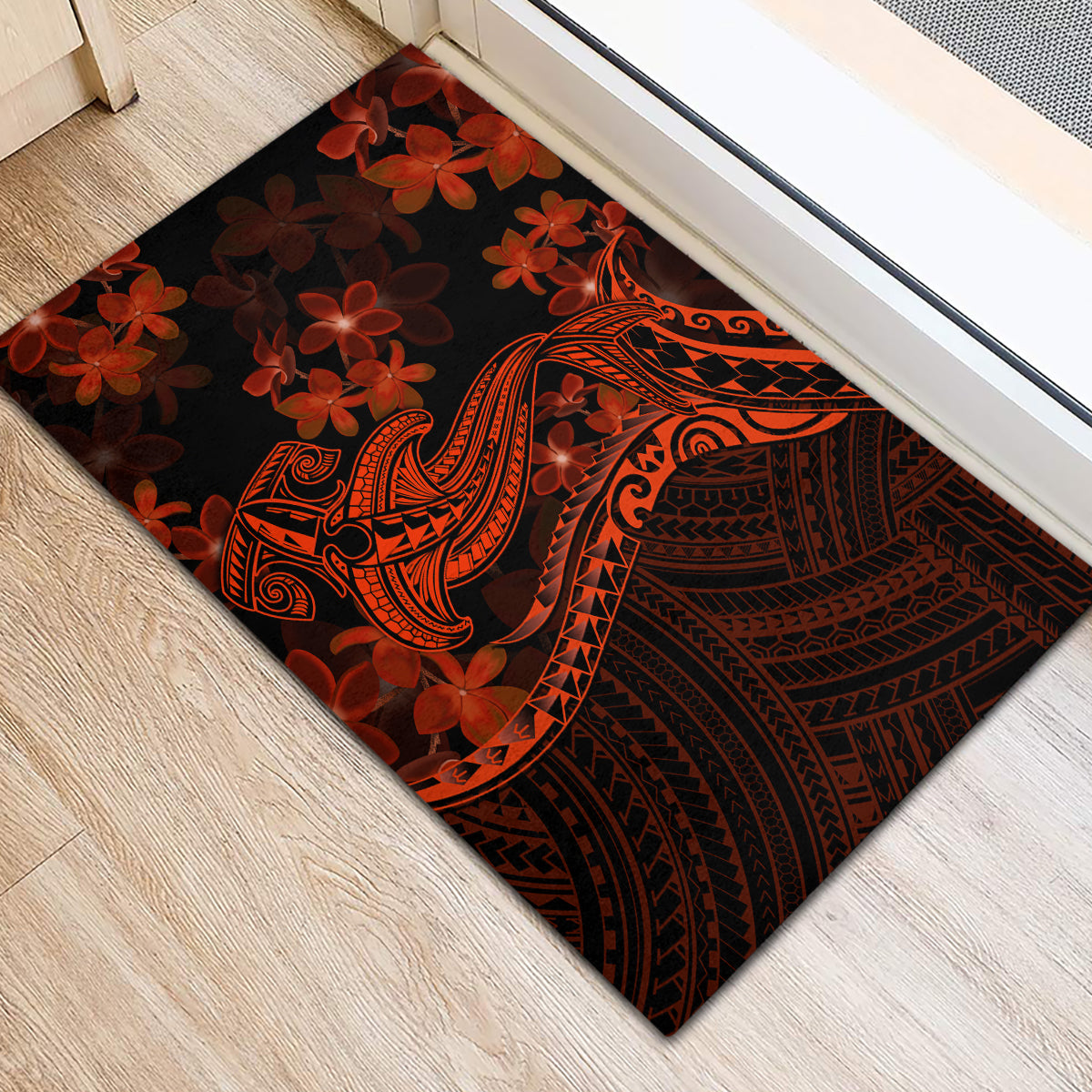 Red Polynesia Rubber Doormat Shark Tattoo With Polynesian Plumeria LT14 - Polynesian Pride