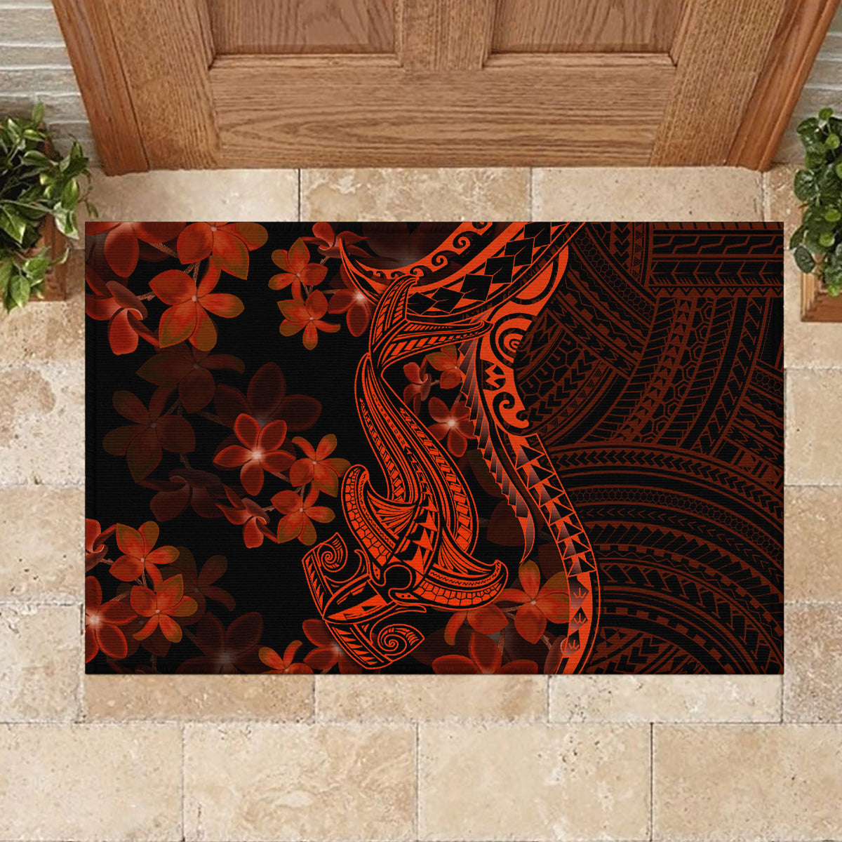 Red Polynesia Rubber Doormat Shark Tattoo With Polynesian Plumeria LT14 - Polynesian Pride