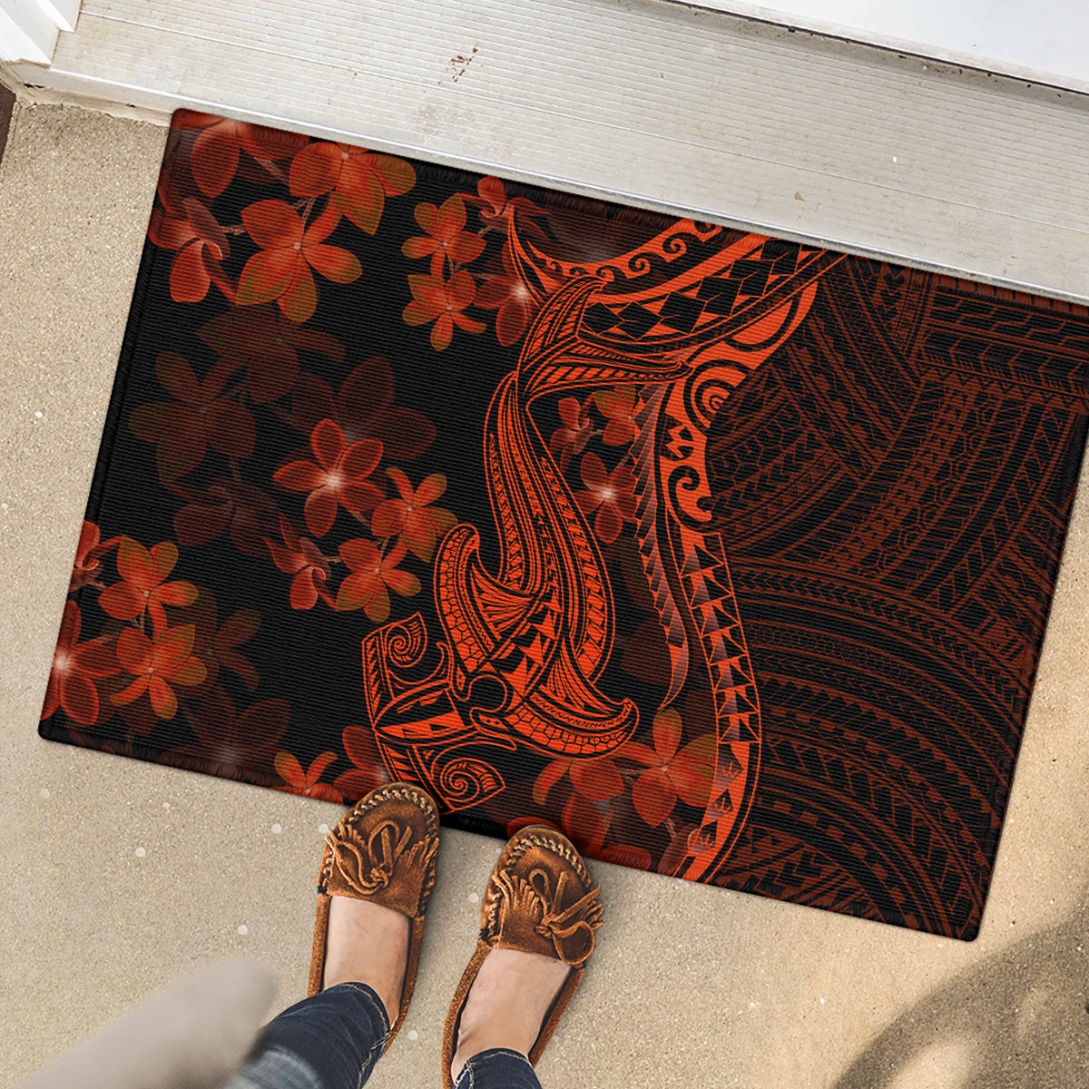 Red Polynesia Rubber Doormat Shark Tattoo With Polynesian Plumeria LT14 - Polynesian Pride