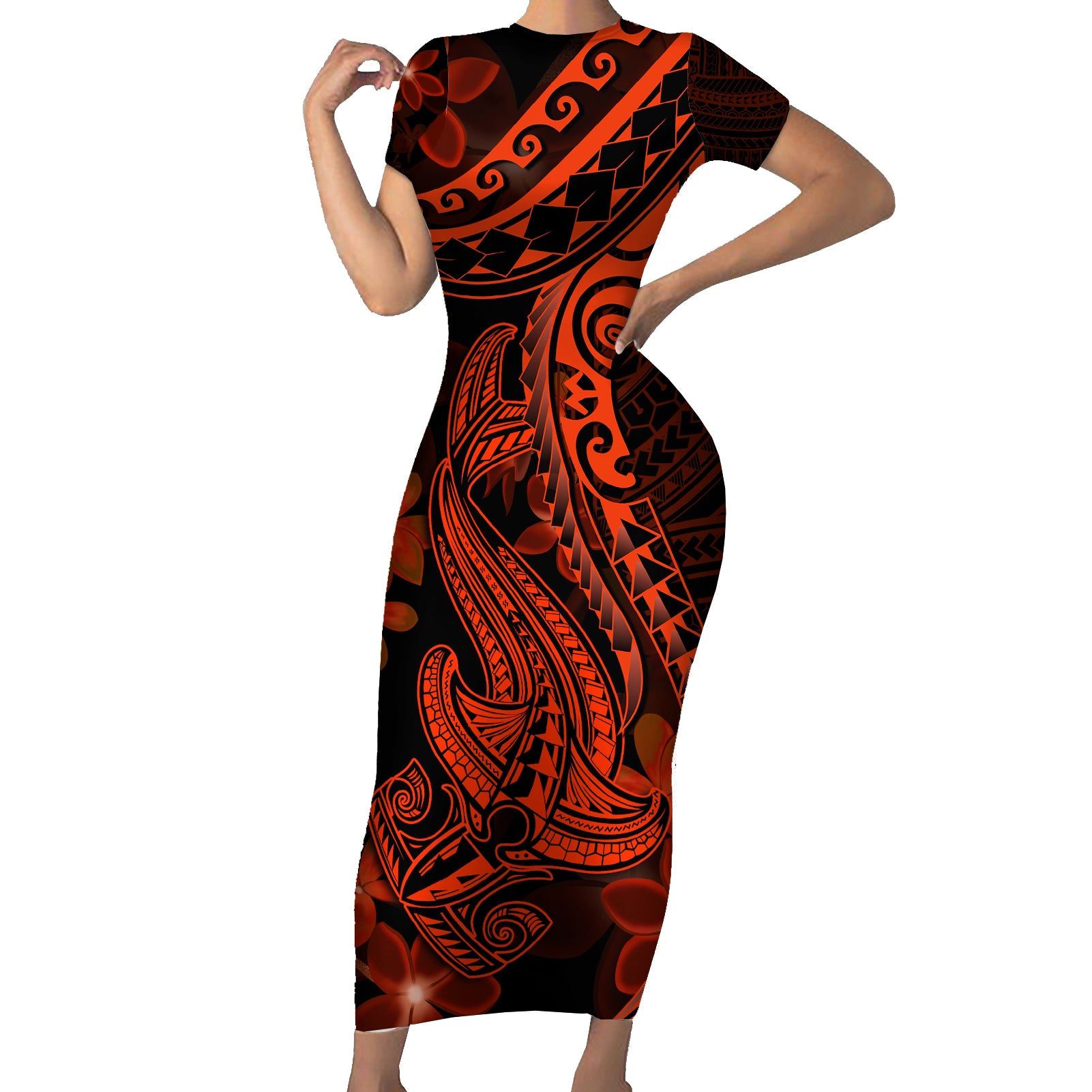 Red Polynesia Short Sleeve Bodycon Dress Shark Tattoo With Polynesian Plumeria LT14 Long Dress Red - Polynesian Pride