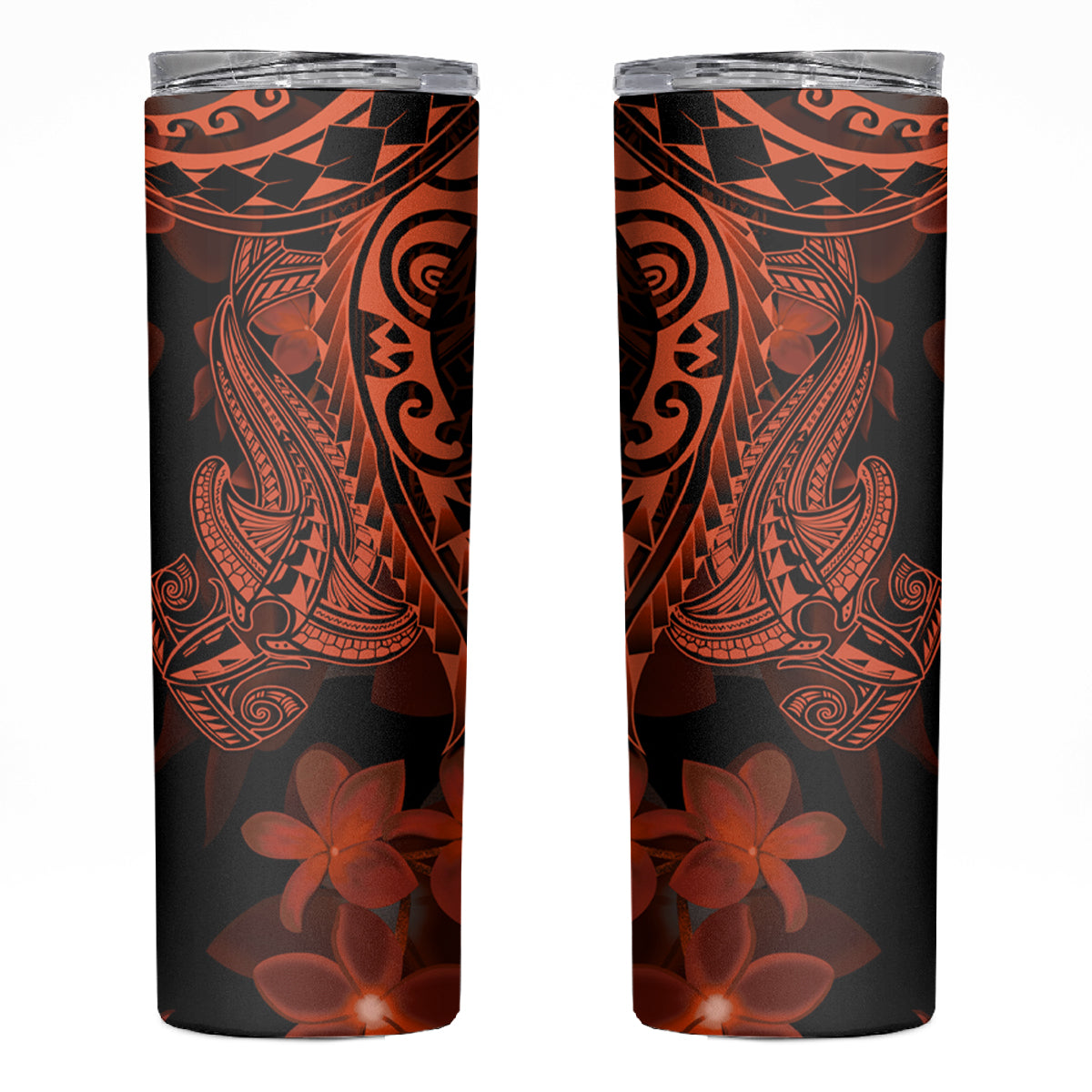 Red Polynesia Skinny Tumbler Shark Tattoo With Polynesian Plumeria