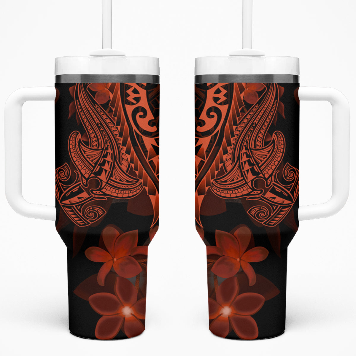 Red Polynesia Tumbler With Handle Shark Tattoo With Polynesian Plumeria