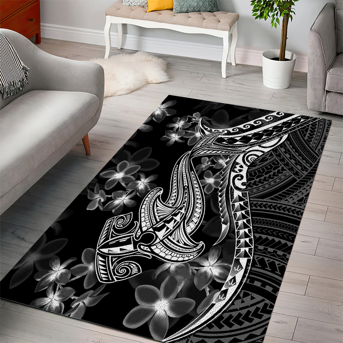 Black Polynesia Area Rug Shark Tattoo With Polynesian Plumeria LT14 - Polynesian Pride