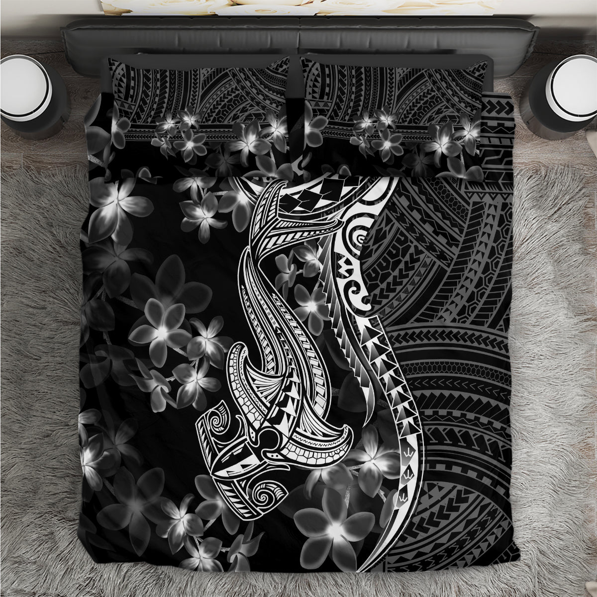 Black Polynesia Bedding Set Shark Tattoo With Polynesian Plumeria LT14 Black - Polynesian Pride