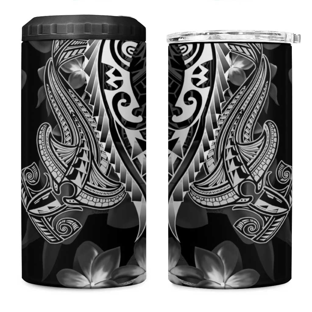 Black Polynesia 4 in 1 Can Cooler Tumbler Shark Tattoo With Polynesian Plumeria