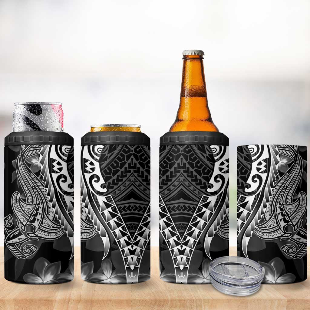 Black Polynesia 4 in 1 Can Cooler Tumbler Shark Tattoo With Polynesian Plumeria