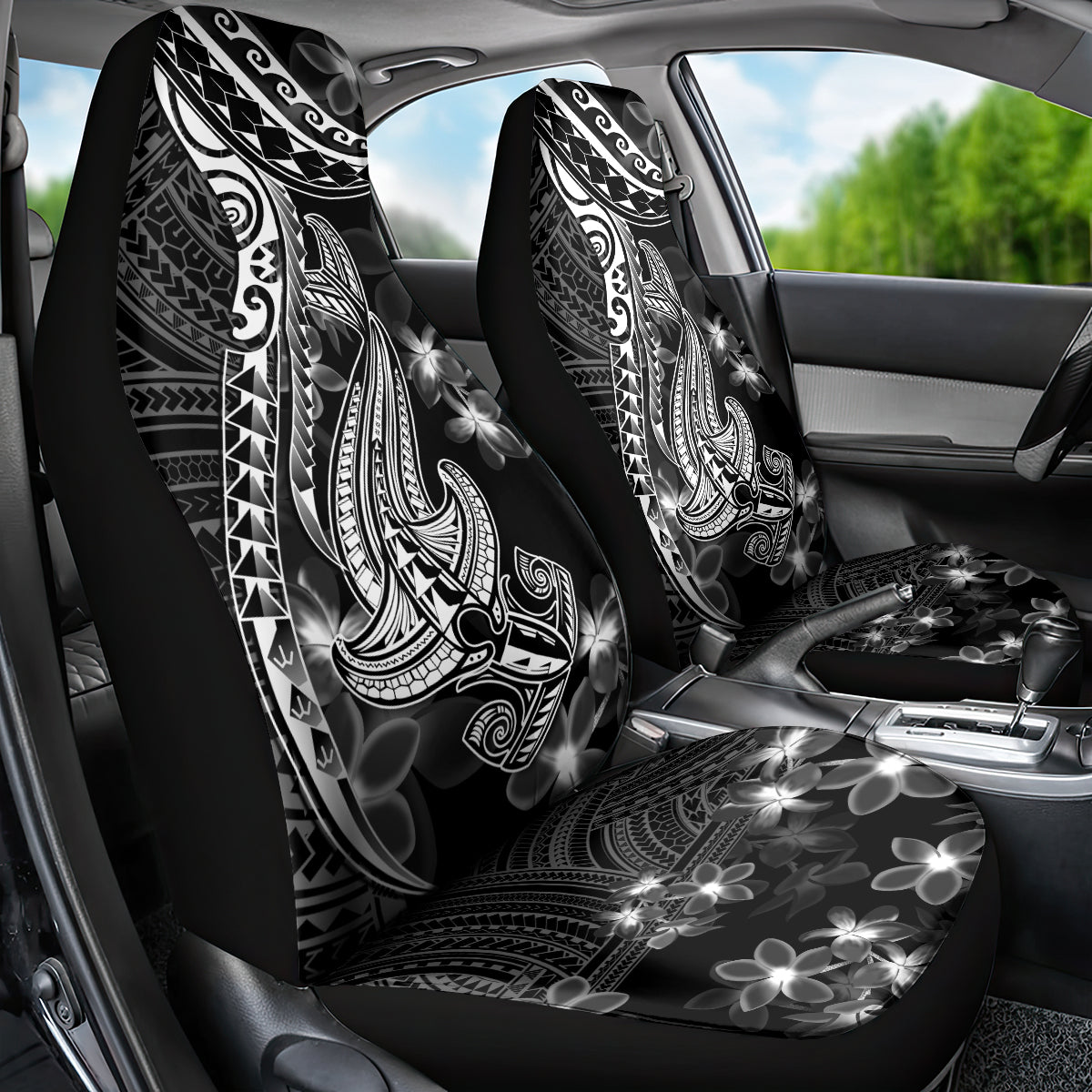 Black Polynesia Car Seat Cover Shark Tattoo With Polynesian Plumeria LT14 - Polynesian Pride