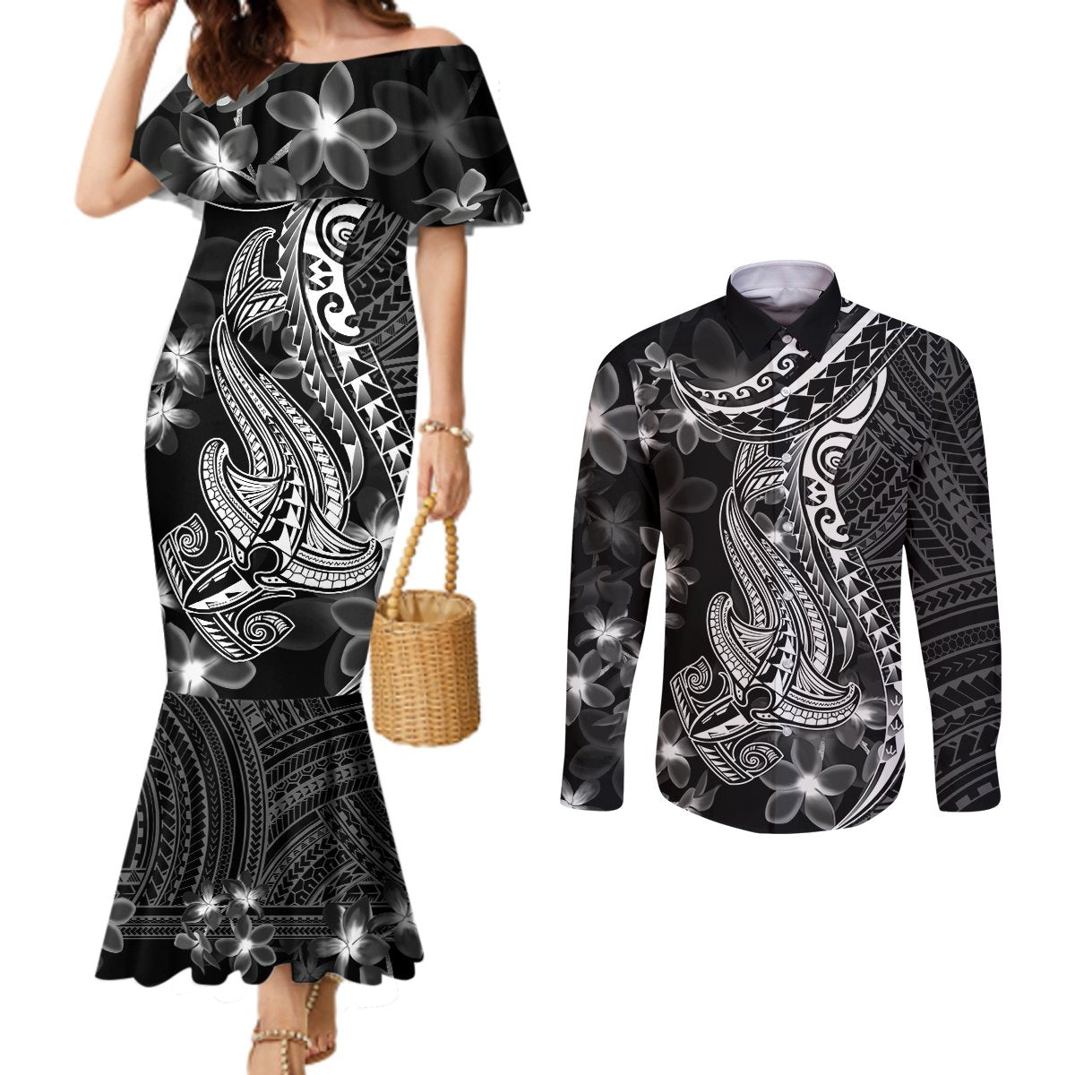 Black Polynesia Couples Matching Mermaid Dress and Long Sleeve Button Shirt Shark Tattoo With Polynesian Plumeria LT14 Black - Polynesian Pride