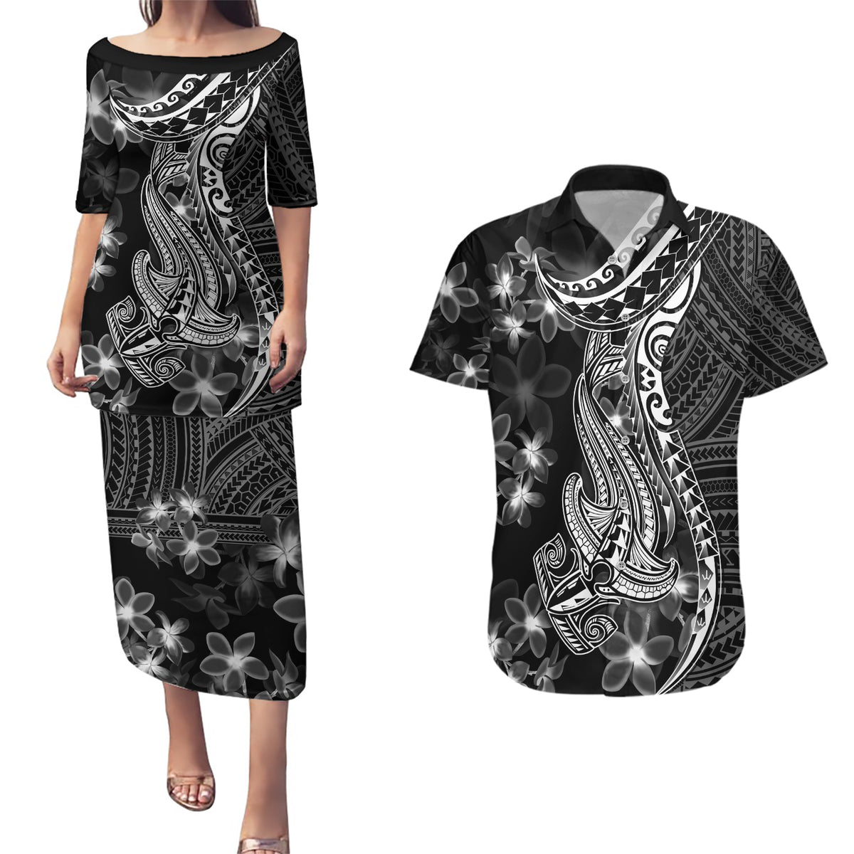 Black Polynesia Couples Matching Puletasi Dress and Hawaiian Shirt Shark Tattoo With Polynesian Plumeria LT14 Black - Polynesian Pride