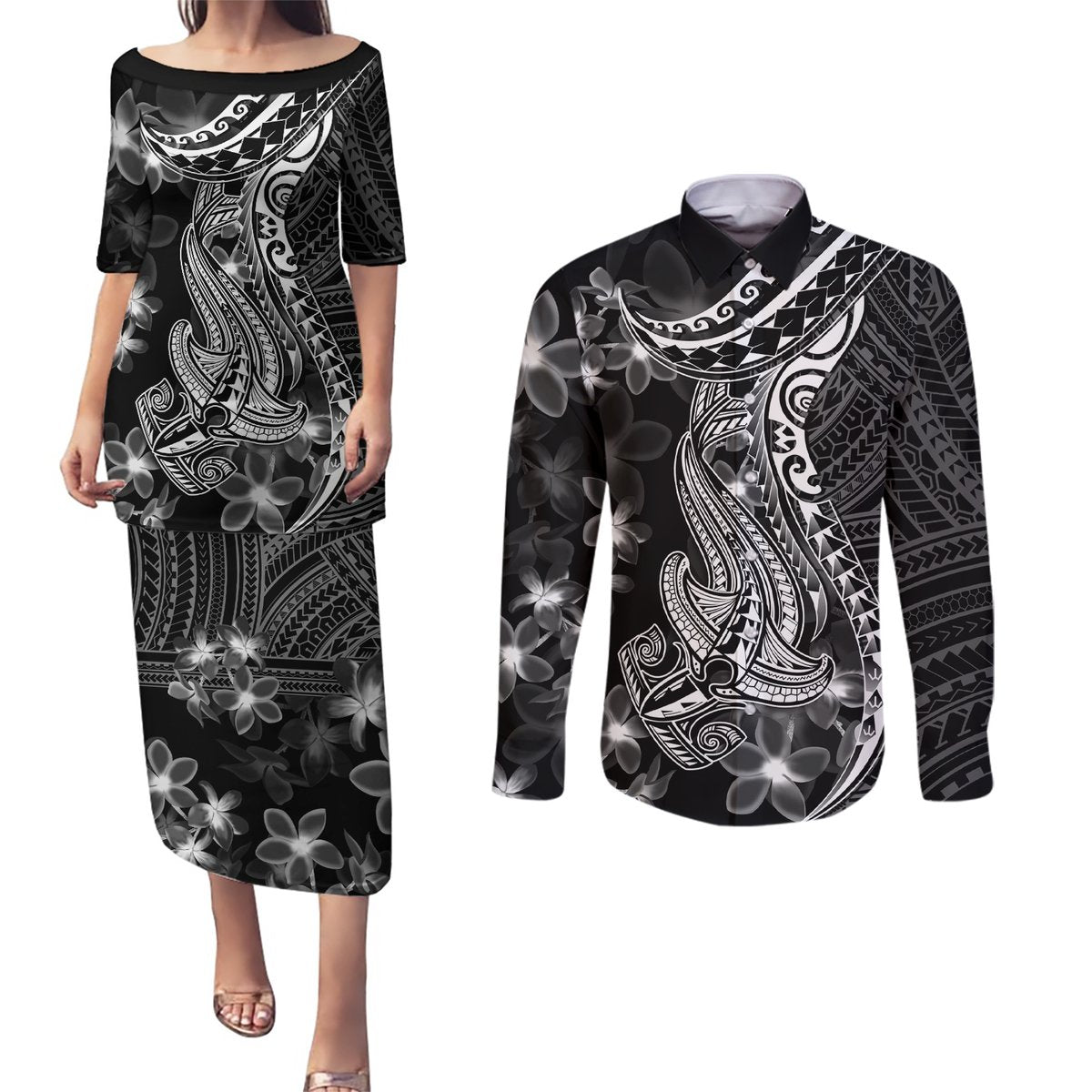 Black Polynesia Couples Matching Puletasi Dress and Long Sleeve Button Shirt Shark Tattoo With Polynesian Plumeria LT14 Black - Polynesian Pride