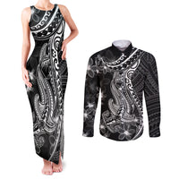 Black Polynesia Couples Matching Tank Maxi Dress and Long Sleeve Button Shirt Shark Tattoo With Polynesian Plumeria LT14 Black - Polynesian Pride