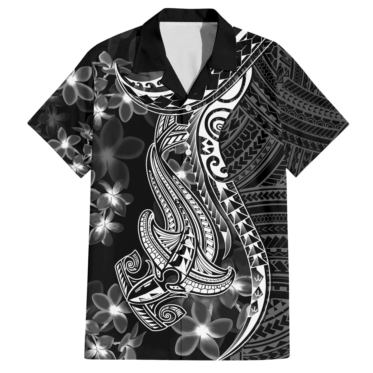 Black Polynesia Family Matching Long Sleeve Bodycon Dress and Hawaiian Shirt Shark Tattoo With Polynesian Plumeria LT14 Dad's Shirt - Short Sleeve Black - Polynesian Pride