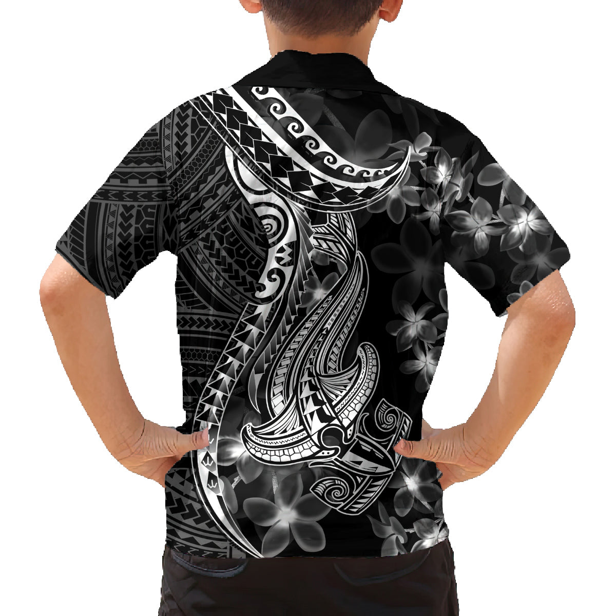 Black Polynesia Family Matching Tank Maxi Dress and Hawaiian Shirt Shark Tattoo With Polynesian Plumeria LT14 - Polynesian Pride