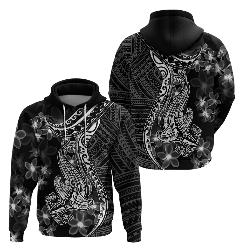 Black Polynesia Hoodie Shark Tattoo With Polynesian Plumeria LT14 - Polynesian Pride
