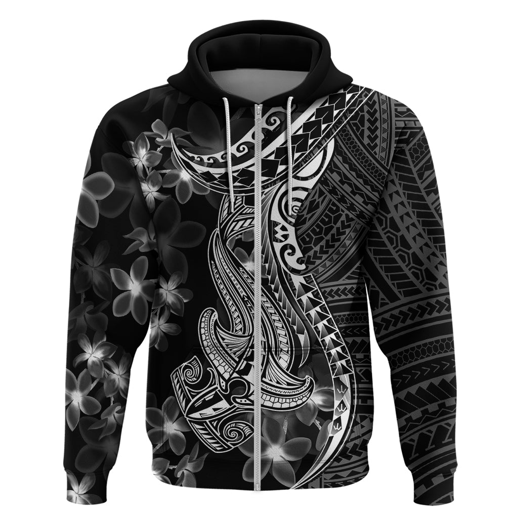 Black Polynesia Hoodie Shark Tattoo With Polynesian Plumeria LT14 Zip Hoodie Black - Polynesian Pride