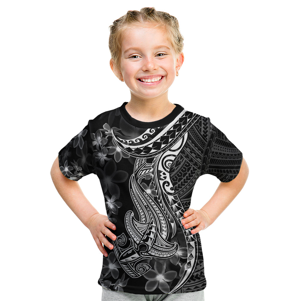 Black Polynesia Kid T Shirt Shark Tattoo With Polynesian Plumeria LT14 Black - Polynesian Pride