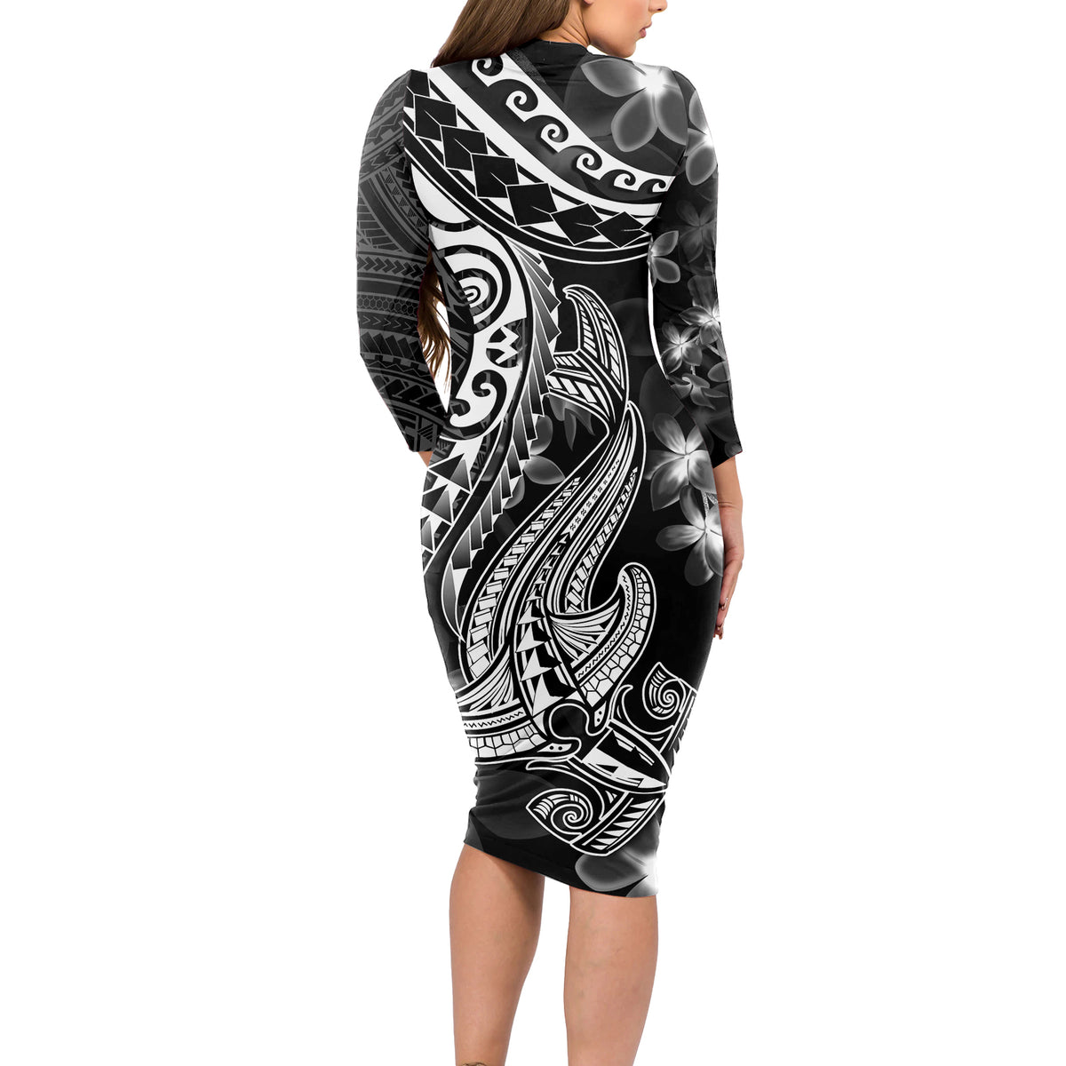 Black Polynesia Long Sleeve Bodycon Dress Shark Tattoo With Polynesian Plumeria LT14 - Polynesian Pride