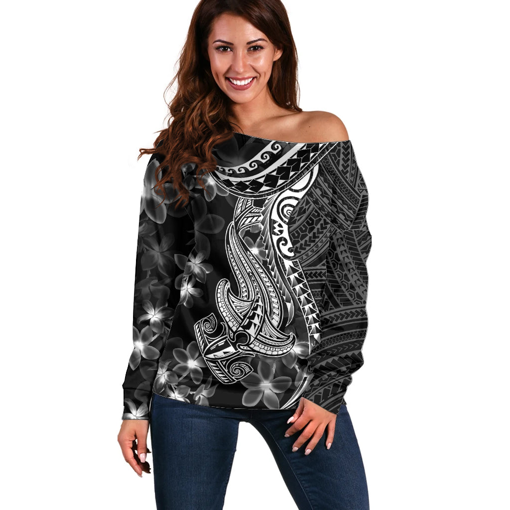 Black Polynesia Off Shoulder Sweater Shark Tattoo With Polynesian Plumeria LT14 Women Black - Polynesian Pride