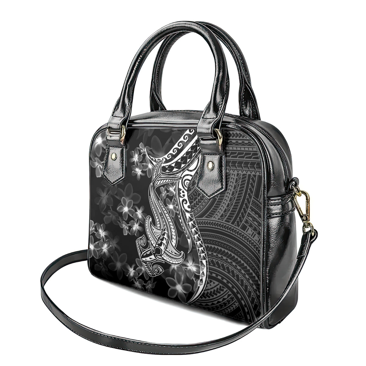 Black Polynesia Shoulder Handbag Shark Tattoo With Polynesian Plumeria LT14 - Polynesian Pride