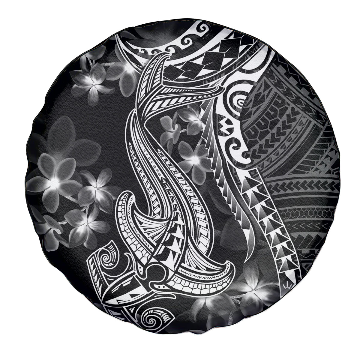 Black Polynesia Spare Tire Cover Shark Tattoo With Polynesian Plumeria LT14 - Polynesian Pride