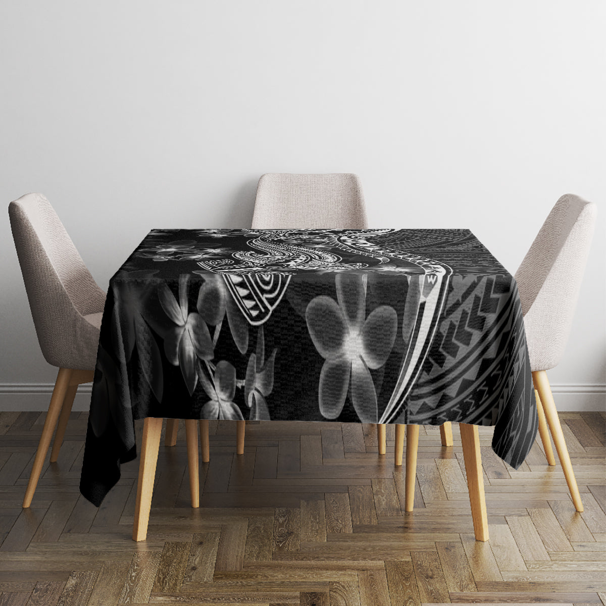 Black Polynesia Tablecloth Shark Tattoo With Polynesian Plumeria LT14 - Polynesian Pride