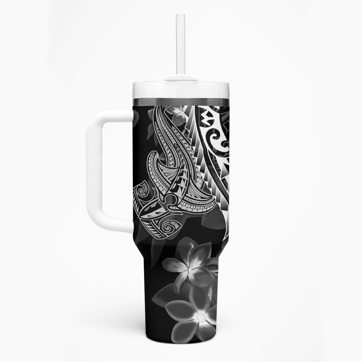 Black Polynesia Tumbler With Handle Shark Tattoo With Polynesian Plumeria