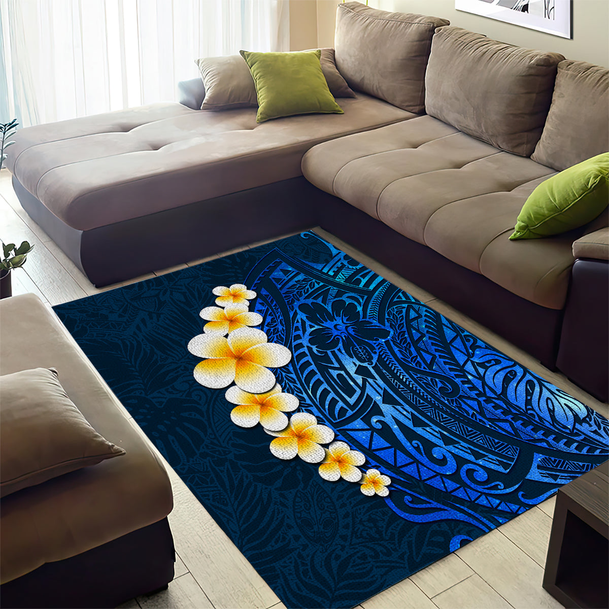 Blue Polynesia Area Rug Plumeria Tropical Leaves With Galaxy Polynesian Art LT14 - Polynesian Pride