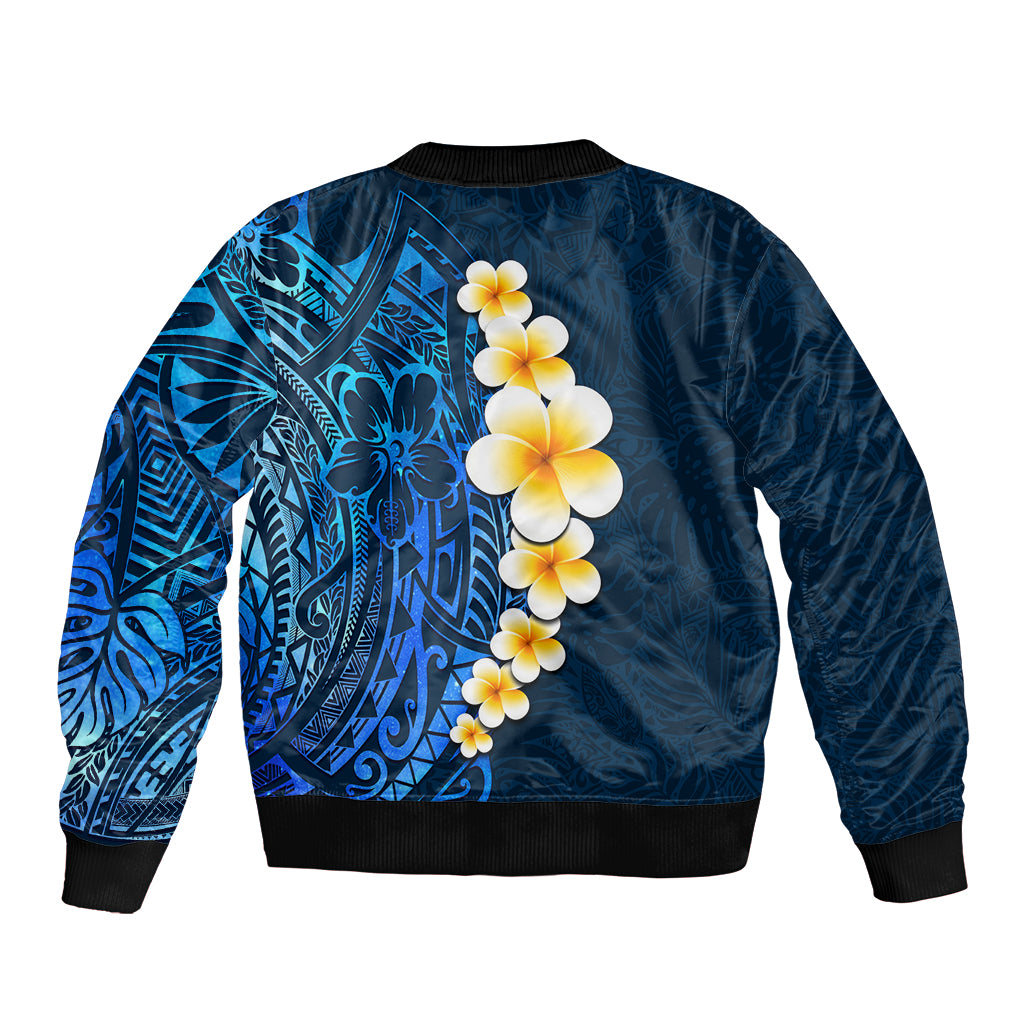 Blue Polynesia Bomber Jacket Plumeria Tropical Leaves With Galaxy Polynesian Art LT14 - Polynesian Pride