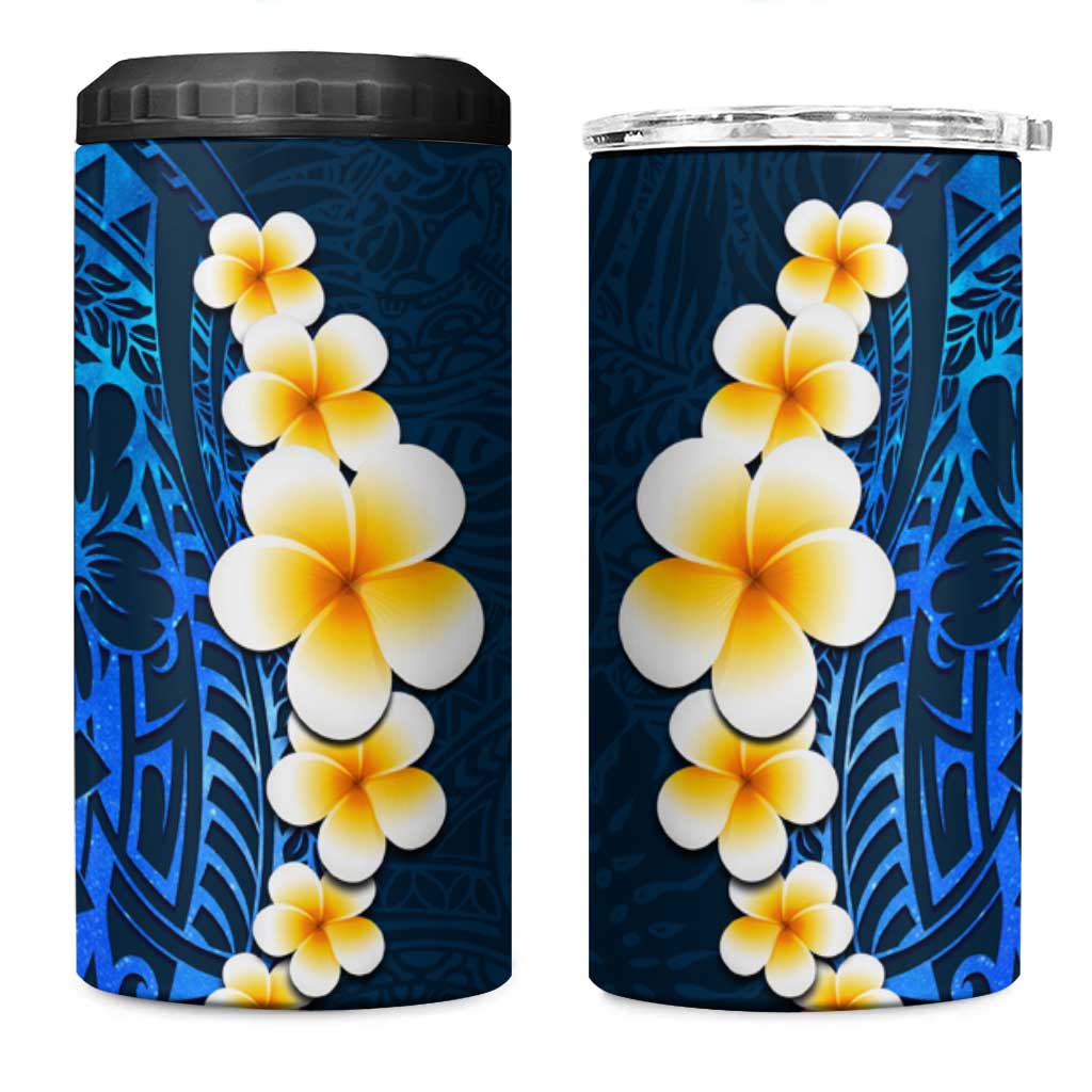 Blue Polynesia 4 in 1 Can Cooler Tumbler Plumeria Tropical Leaves With Galaxy Polynesian Art
