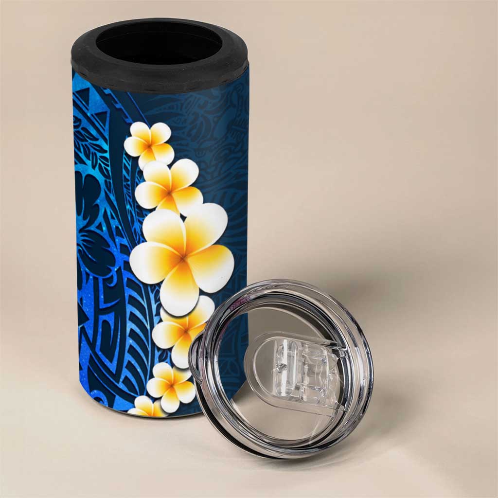Blue Polynesia 4 in 1 Can Cooler Tumbler Plumeria Tropical Leaves With Galaxy Polynesian Art