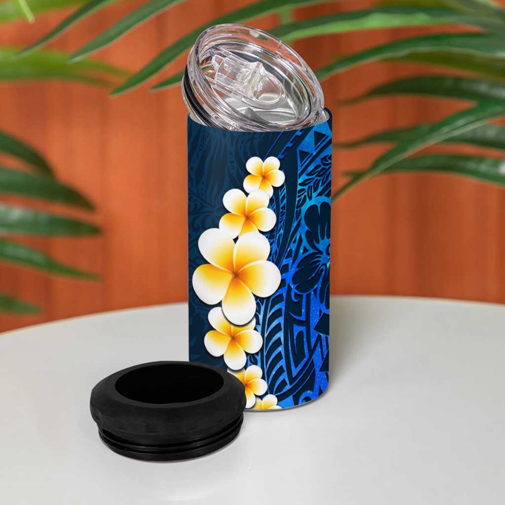 Blue Polynesia 4 in 1 Can Cooler Tumbler Plumeria Tropical Leaves With Galaxy Polynesian Art