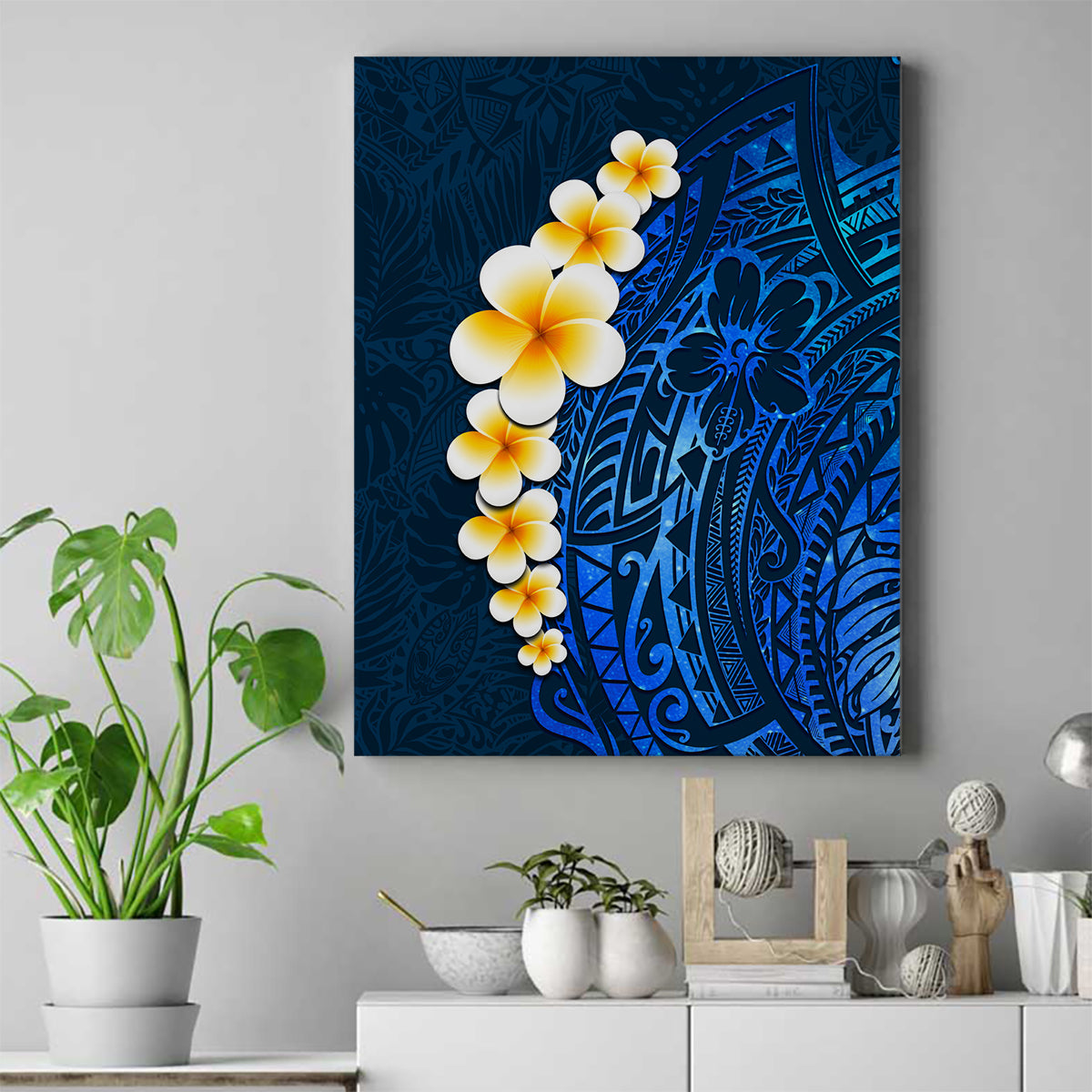 Blue Polynesia Canvas Wall Art Plumeria Tropical Leaves With Galaxy Polynesian Art LT14 Blue - Polynesian Pride