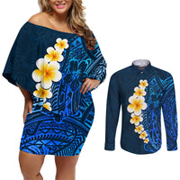 Blue Polynesia Couples Matching Off Shoulder Short Dress and Long Sleeve Button Shirt Plumeria Tropical Leaves With Galaxy Polynesian Art LT14 Blue - Polynesian Pride
