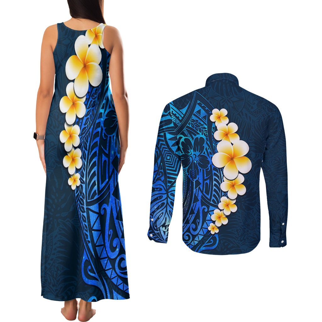 Blue Polynesia Couples Matching Tank Maxi Dress and Long Sleeve Button Shirt Plumeria Tropical Leaves With Galaxy Polynesian Art LT14 - Polynesian Pride