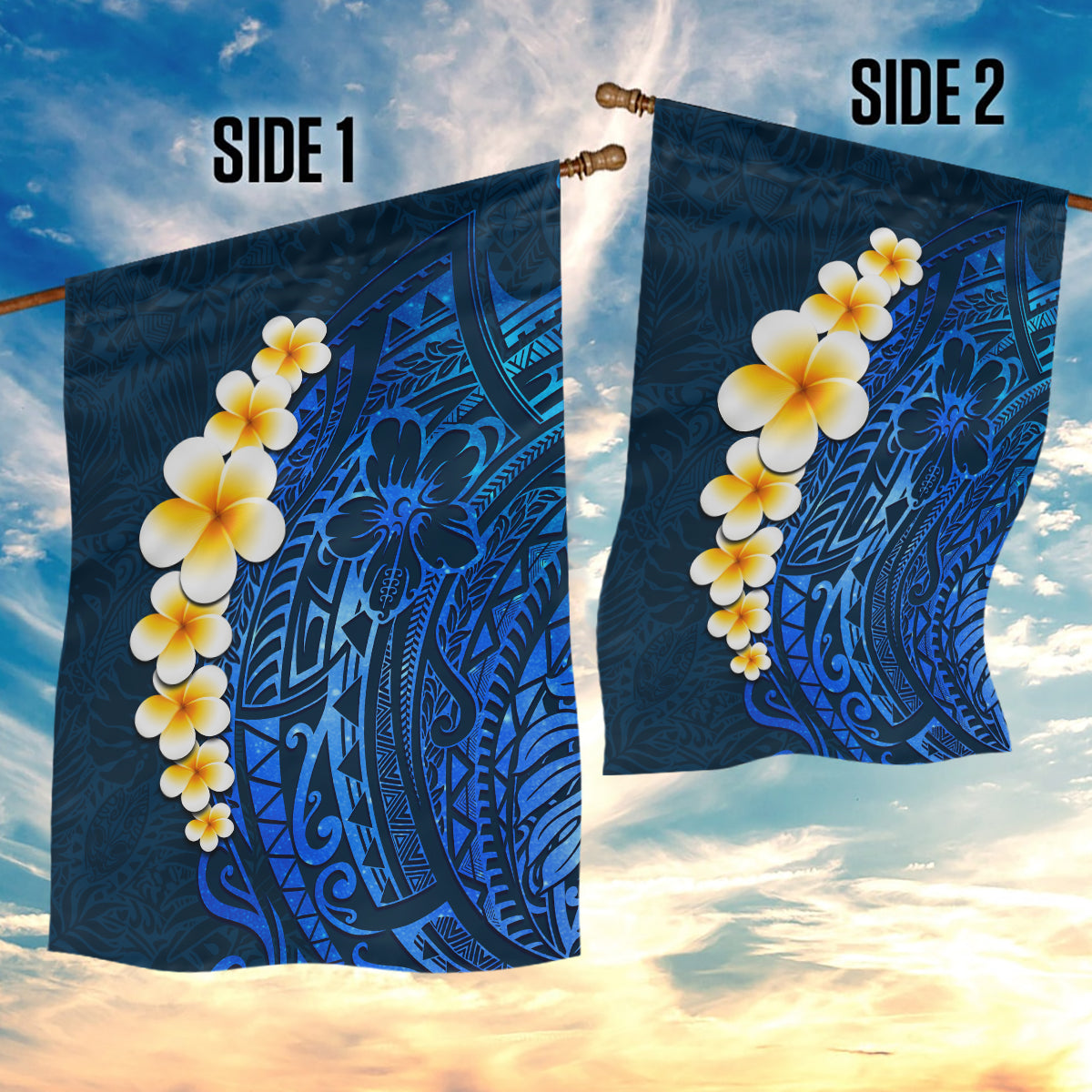 Blue Polynesia Garden Flag Plumeria Tropical Leaves With Galaxy Polynesian Art LT14 - Polynesian Pride