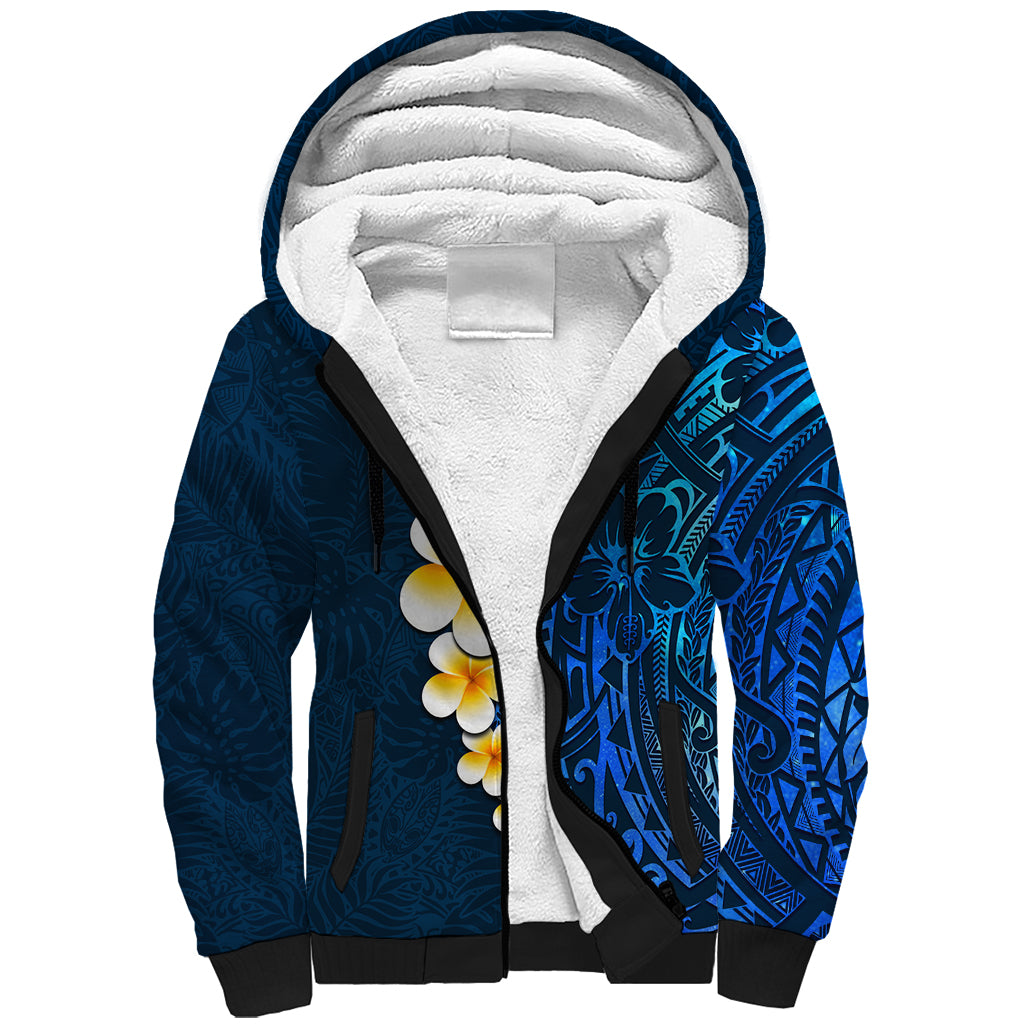 Blue Polynesia Sherpa Hoodie Plumeria Tropical Leaves With Galaxy Polynesian Art LT14 Unisex Blue - Polynesian Pride