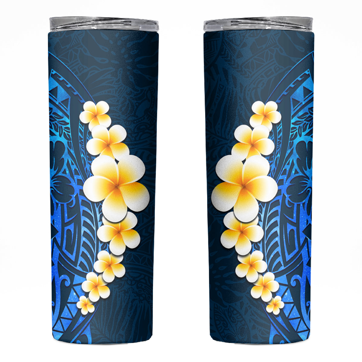 Blue Polynesia Skinny Tumbler Plumeria Tropical Leaves With Galaxy Polynesian Art