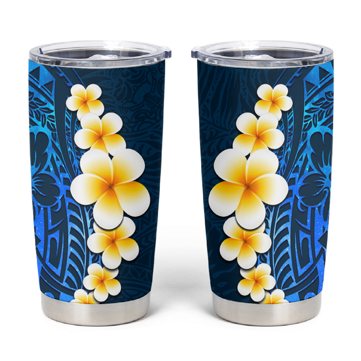 Blue Polynesia Tumbler Cup Plumeria Tropical Leaves With Galaxy Polynesian Art