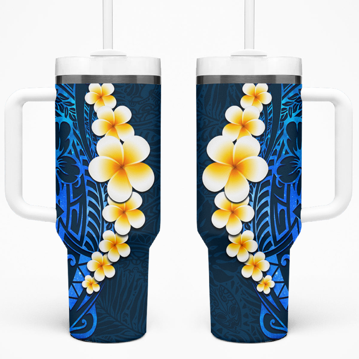 Blue Polynesia Tumbler With Handle Plumeria Tropical Leaves With Galaxy Polynesian Art