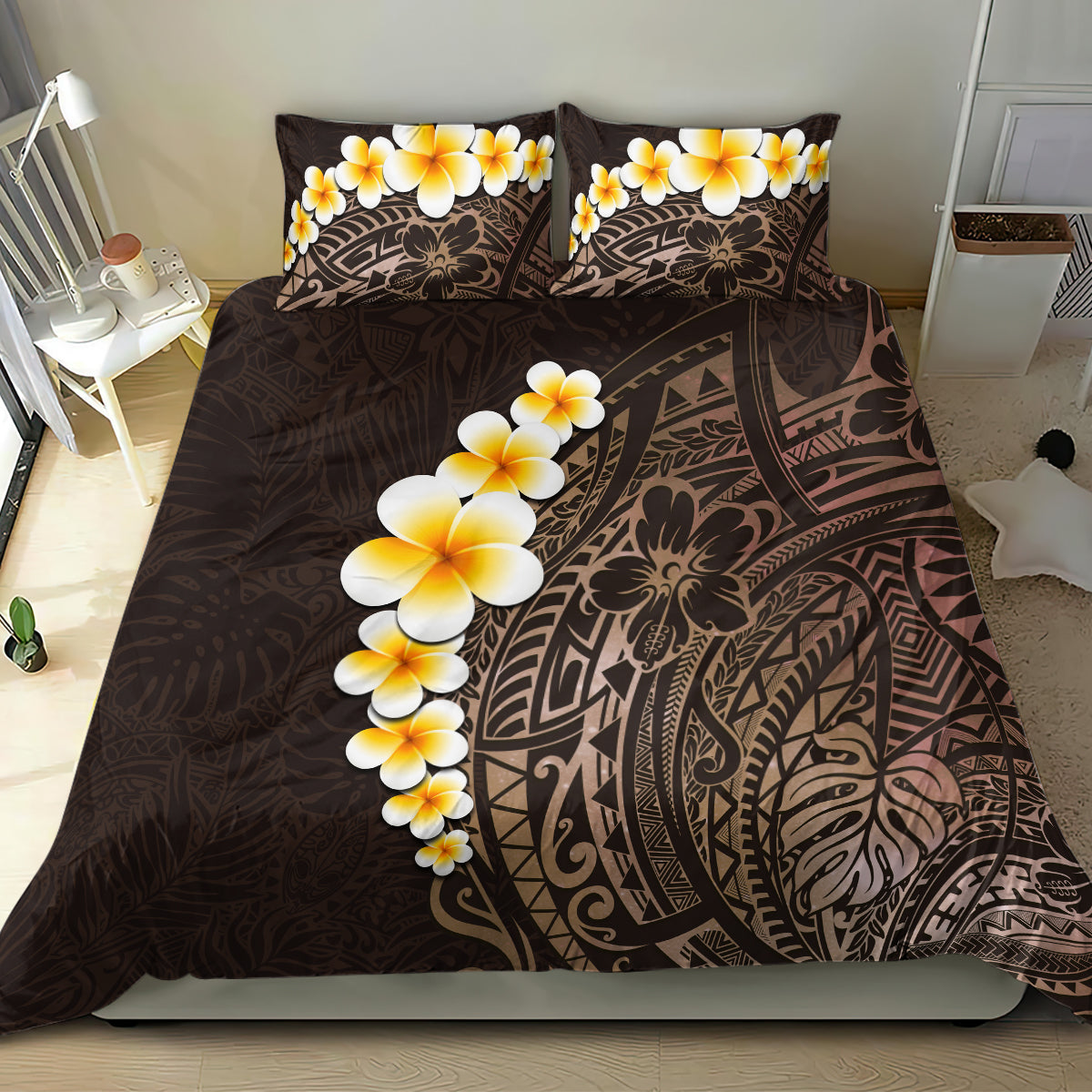 Brown Polynesia Bedding Set Plumeria Tropical Leaves With Galaxy Polynesian Art LT14 - Polynesian Pride