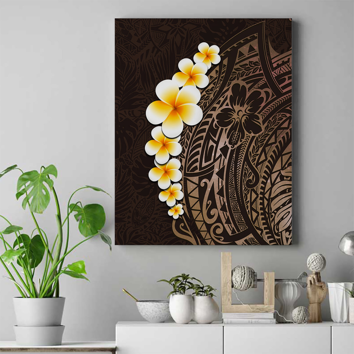 Brown Polynesia Canvas Wall Art Plumeria Tropical Leaves With Galaxy Polynesian Art LT14 Brown - Polynesian Pride