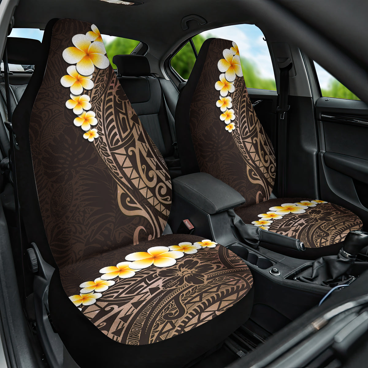 Brown Polynesia Car Seat Cover Plumeria Tropical Leaves With Galaxy Polynesian Art LT14 One Size Brown - Polynesian Pride