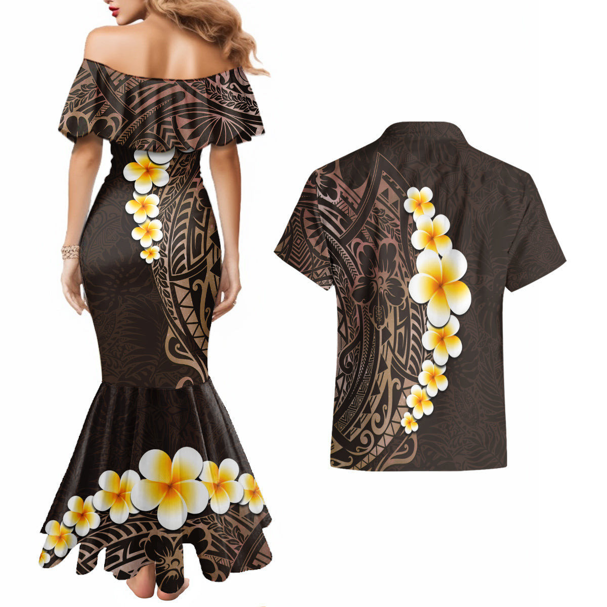 Brown Polynesia Couples Matching Mermaid Dress and Hawaiian Shirt Plumeria Tropical Leaves With Galaxy Polynesian Art LT14 - Polynesian Pride