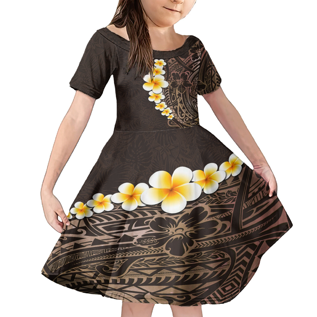 Brown Polynesia Family Matching Off Shoulder Long Sleeve Dress and Hawaiian Shirt Plumeria Tropical Leaves With Galaxy Polynesian Art LT14 Daughter's Dress Brown - Polynesian Pride